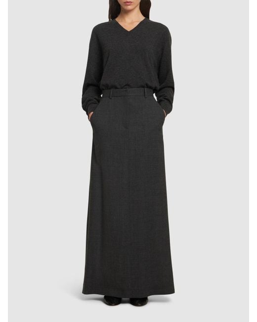 The Row Black Roux Wool Long Skirt