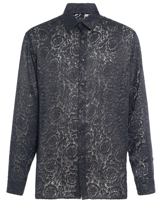 Versace Gray Barocco Printed Viscose & Silk Shirt for men