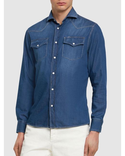 Brunello Cucinelli Blue Cotton Denim Shirt for men