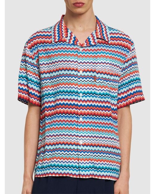 Missoni Blue Striped Viscose Short Sleeve Shirt for men