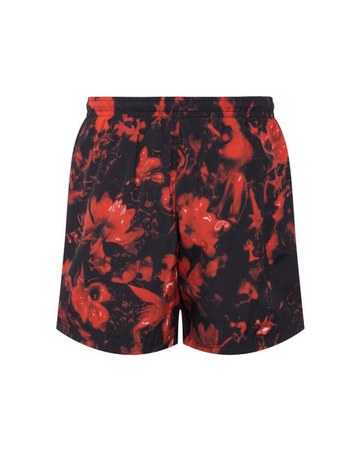 Alexander McQueen Red Wax Floral Print Nylon Swim Shorts for men