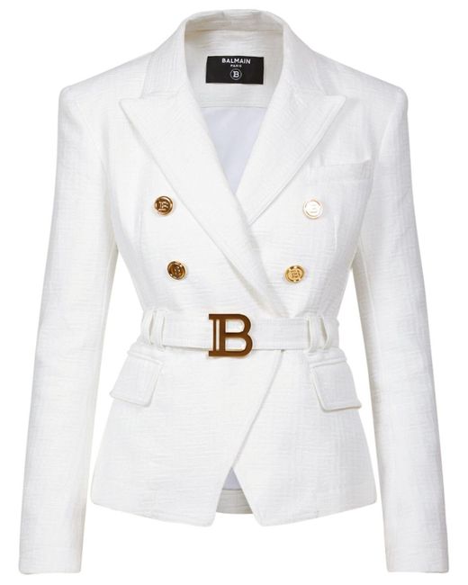 Balmain Monogram Denim Jacket W/ Logo Belt in White - Lyst