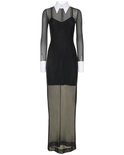 Dolce & Gabbana Gray Stretch Tulle Long Dress W/ Shirt Collar