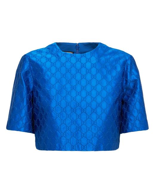 Gucci Blue Embroidered Silk Logo Cropped Top