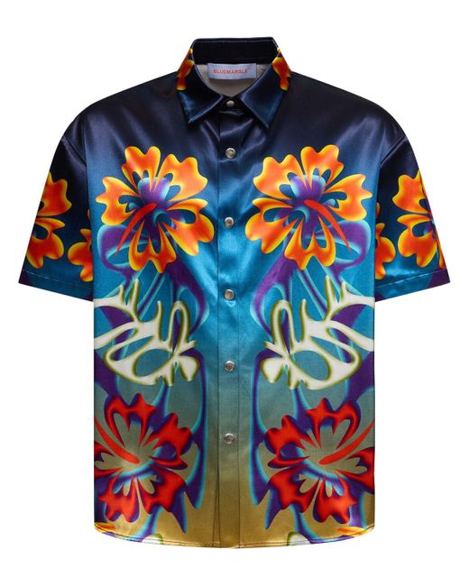 Bluemarble Blue Hibiscus Viscose & Cotton S/s Shirt for men
