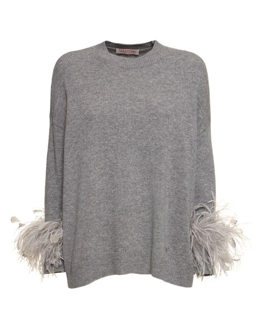 Valentino Gray Wool Knit Sweater W/feathers