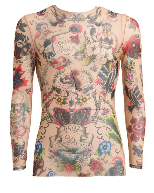 DSquared² Multicolor Tattoo Printed Sheer Long Sleeve T-shirt for men