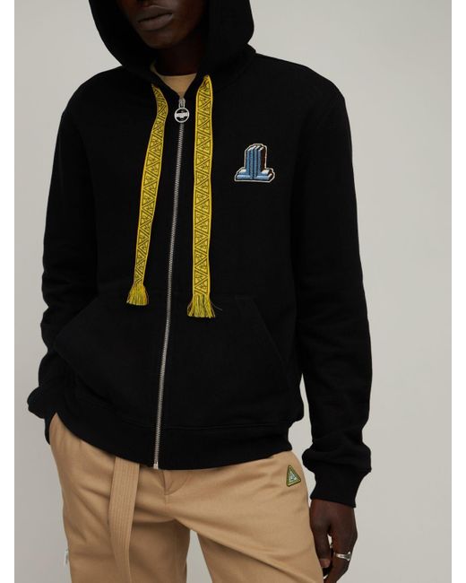 Lanvin Logo Embroidery Cotton Jersey Zip Hoodie in Black for Men 