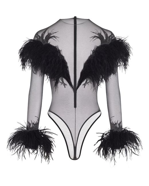 Mugler Black Langärmeliger Body Aus Tüll Und Federn