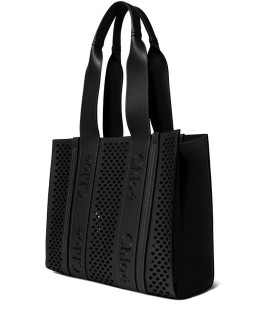 Chloé Black Woody Perforated Grained Leather Bag