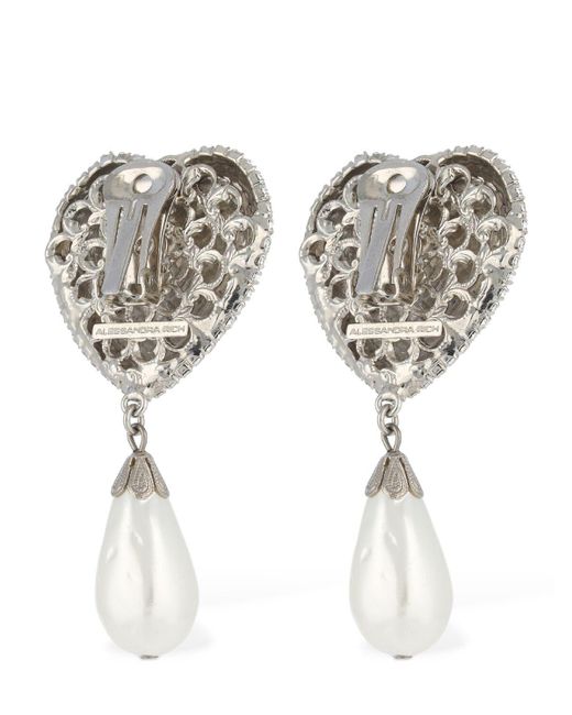 Alessandra Rich White Heart Crystal & Faux Pearl Drop Earrings