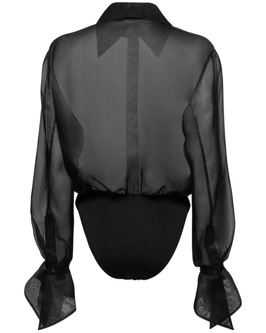 Mugler Gray Silk Tulle Long Sleeved Bodysuit