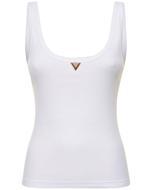 Valentino White Cotton Ribbed Jersey Logo Tank Top
