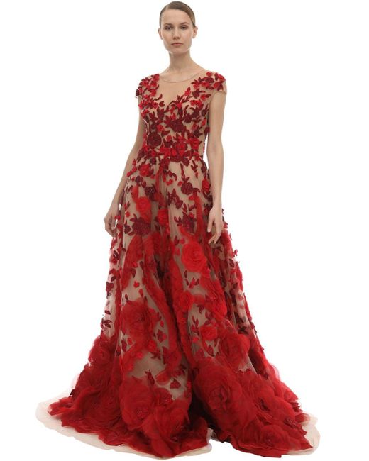 Marchesa Red Embellished Tulle & Silk Organza Dress