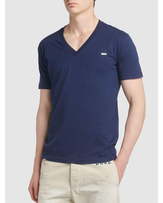 DSquared² Blue V-Neck Logo Cotton Jersey T-Shirt for men