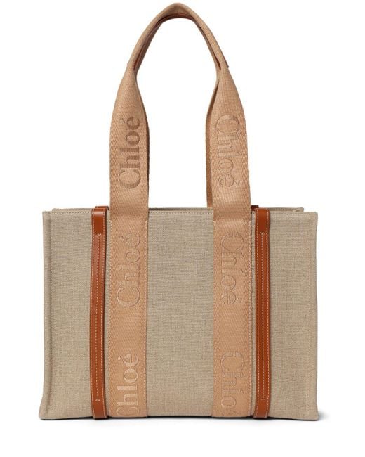 Chloé Natural Woody Embroidered Linen Tote Bag