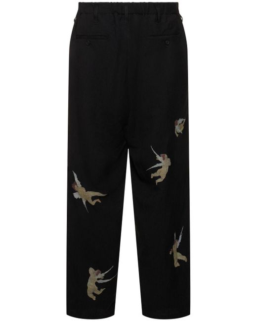 Yohji Yamamoto Black R-angel Printed Viscose & Linen Pants for men