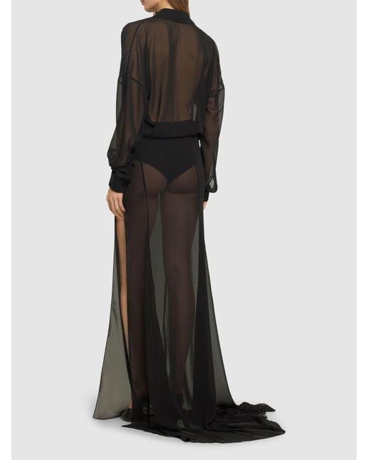 Monot Black Draped Georgette Long Wrap Shirt Dress