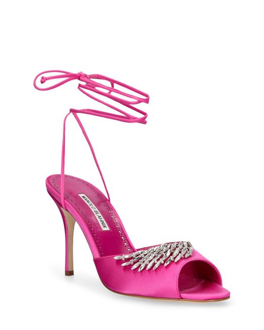 Sandales en satin plua 90 mm Manolo Blahnik en coloris Pink