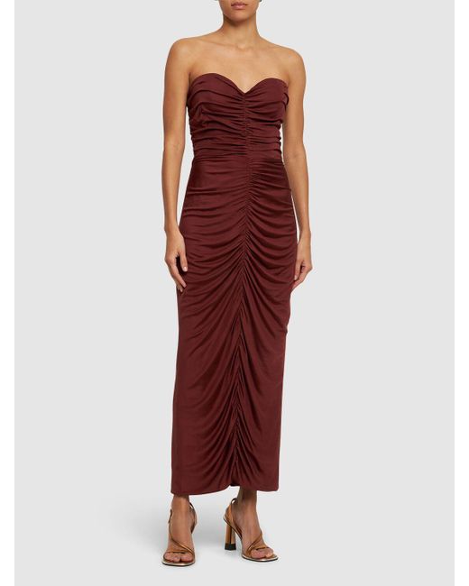 Costarellos Red Aveline Strapless Ruched Midi Dress