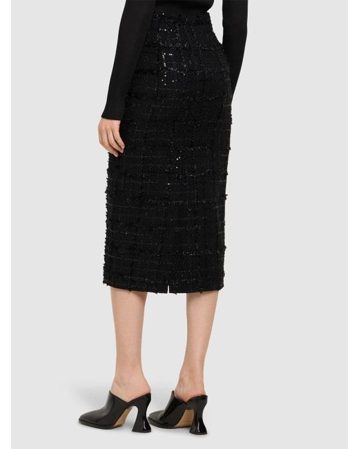 Alessandra Rich Black Sequined Checked Tweed Midi Skirt
