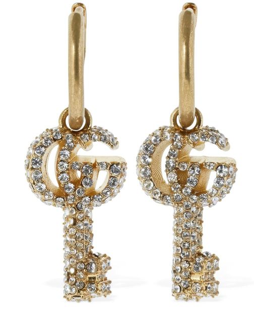 Gucci Metallic Double G Key Hoop Earrings W/ Crystals