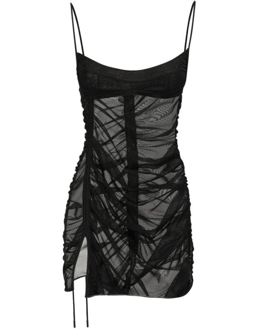 Mugler Black Ruched Tulle Sheer Mini Dress W/ Slit