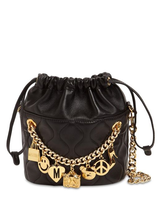 Moschino Black Leather Bucket Bag W/charms