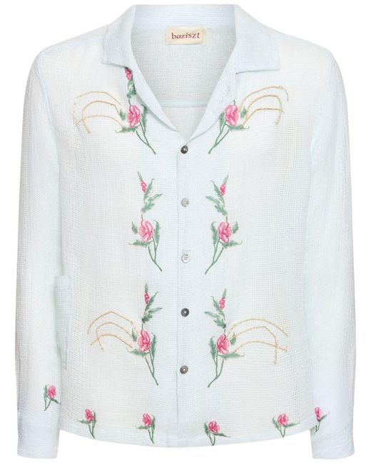 BAZISZT White Flower Embroidered Linen Shirt for men
