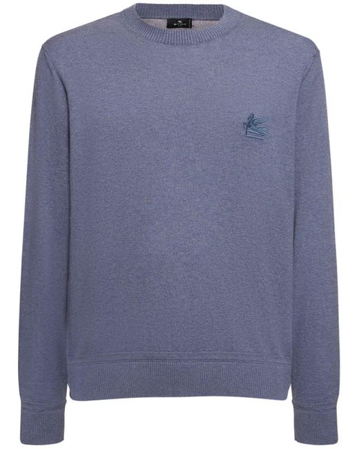 Etro Blue Logo Cotton & Cashmere Crewneck Sweater for men