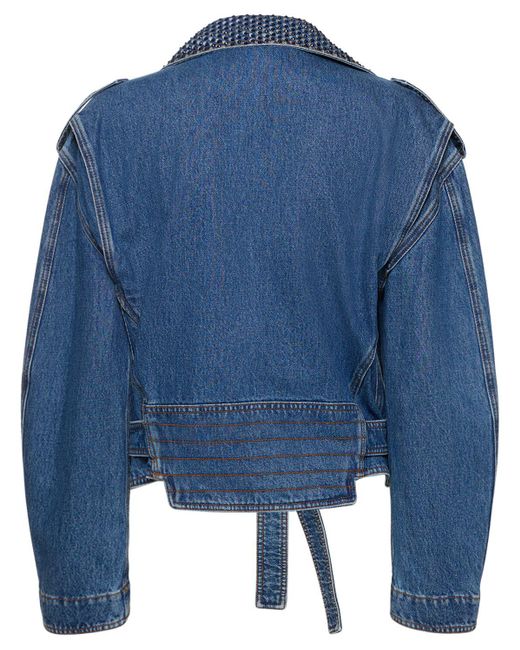 Area Blue Embellished Cotton Denim Biker Jacket