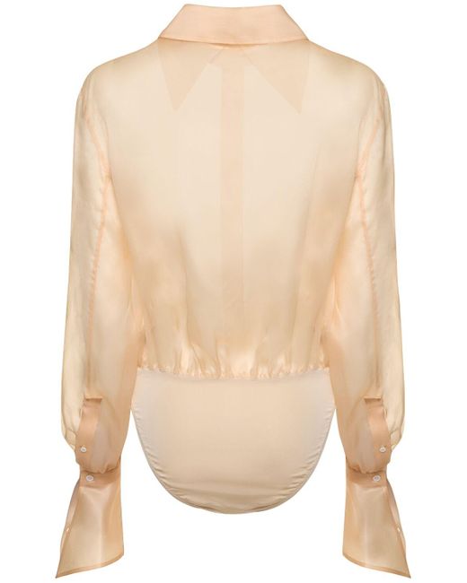 Mugler White Silk Tulle Long Sleeved Bodysuit