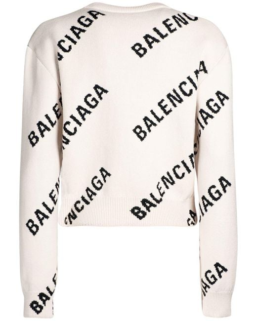 Balenciaga Natural All-over Logo Cotton And Wool-blend Crop Sweater