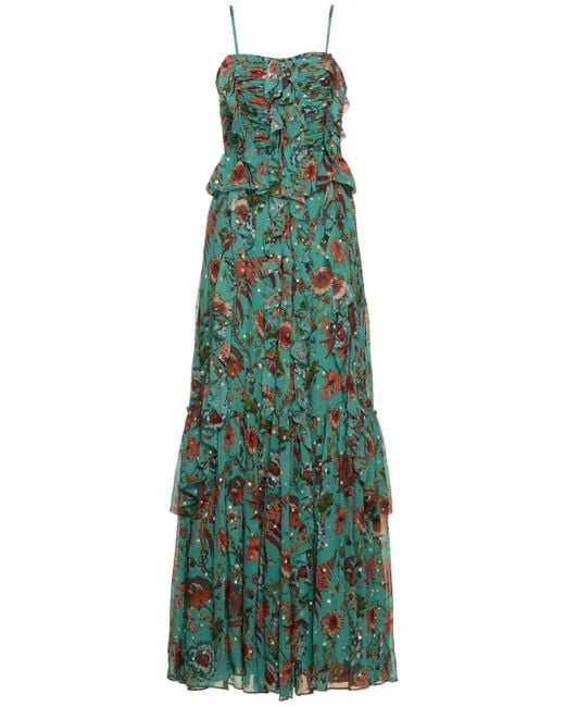 Ulla Johnson Green Colette Printed Silk Blend Long Gown
