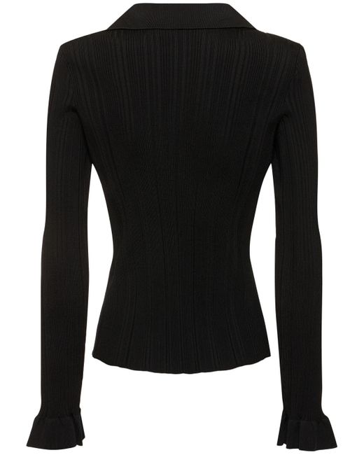 Self-Portrait Black Ribbed Viscose Knit Top W/ Buttons