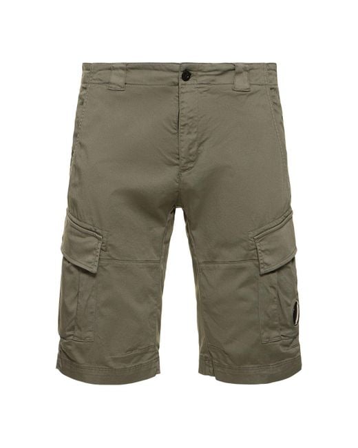 C P Company Green Stretch Cotton Cargo Shorts for men