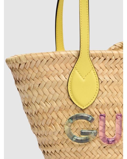 Borsa shopping mini in rafia con logo di Gucci in Metallic