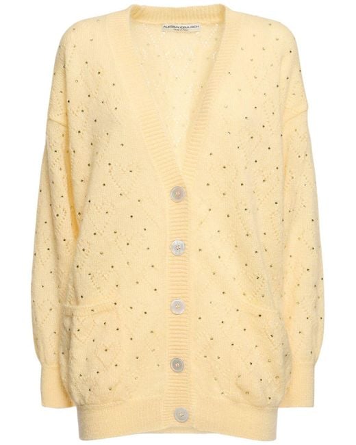 Alessandra Rich Natural Knitted Mohair Long Cardigan W/ Crystals