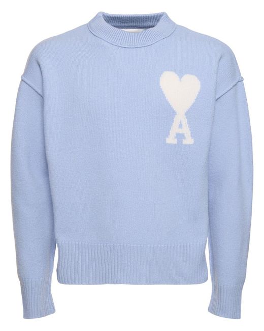 AMI Blue Adc Felted Wool Knit Sweater for men