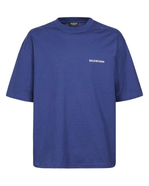 Balenciaga Blue Logo Print Cotton T-shirt for men