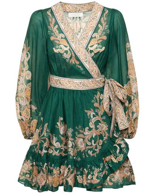 Zimmermann Green Devi Graphic-print Cotton Mini Dress