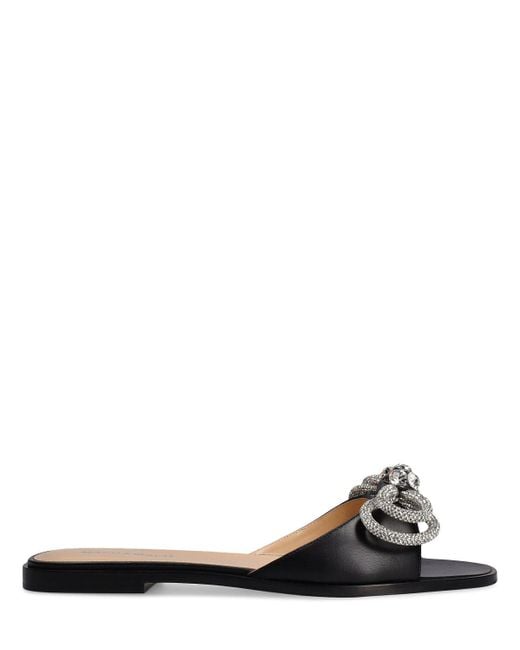 Mach & Mach Black 10Mm Double Bow Leather Flat Sandals