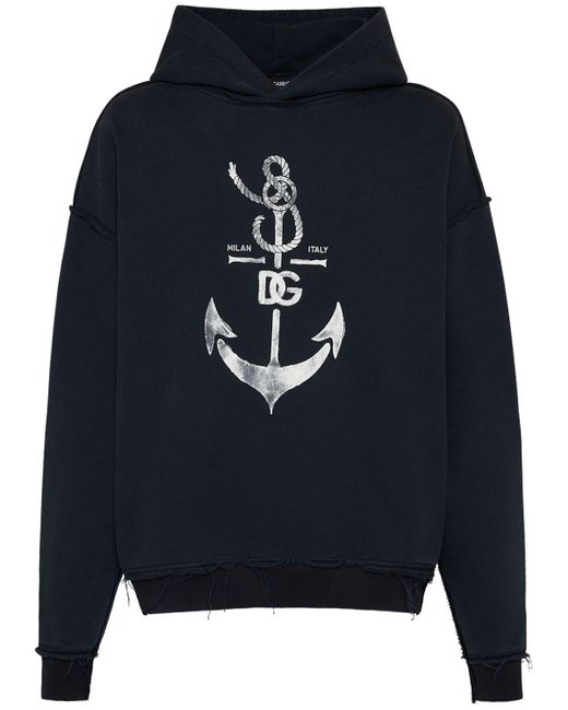 Dolce & Gabbana Blue Printed Washed Cotton Jersey Hoodie for men