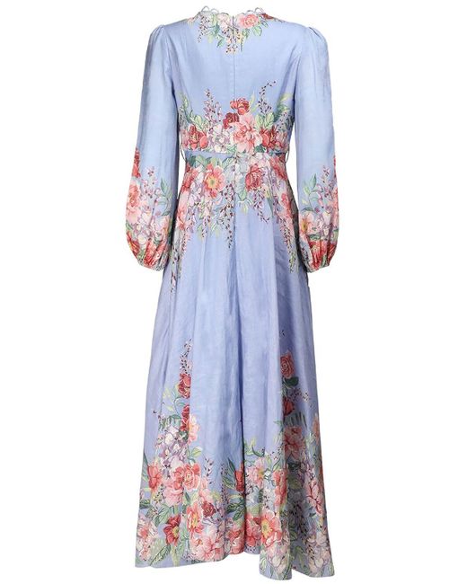 Zimmermann Bellitude Floral Print Linen Midi Dress in Blue - Lyst