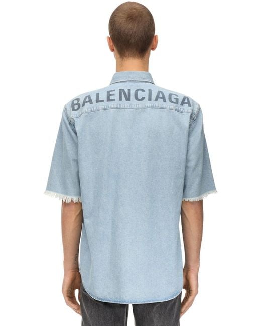 Balenciaga Printed Cotton Denim Shirt in Blue for Men | Lyst