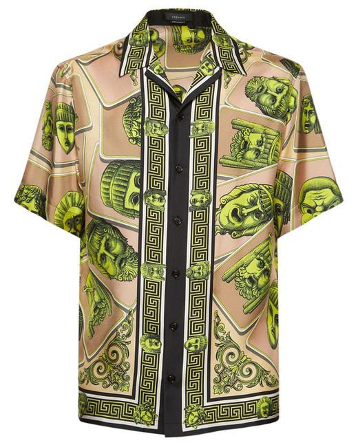 Camicia in twill di seta stampato di Versace in Green da Uomo