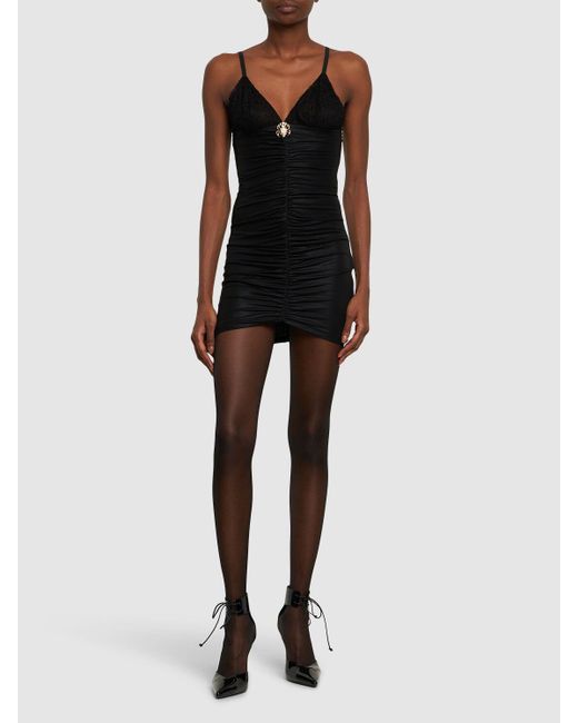 Alessandra Rich Black Laminated Jersey Slip Mini Dress W/Lace