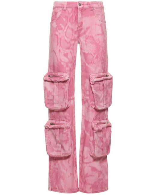 Blumarine Pink Printed Denim Cargo Jeans