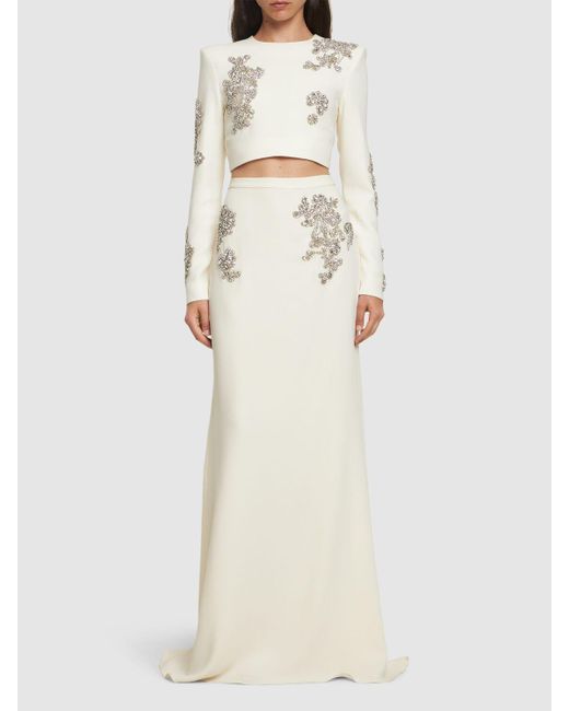 Zuhair Murad Natural Embroidered Cady Long Sleeve Crop Top