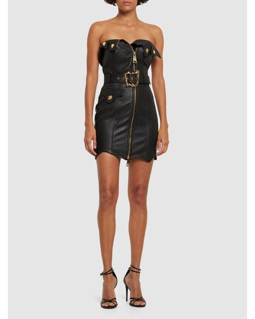 Moschino Black Leather Strapless Mini Dress W/ Zip
